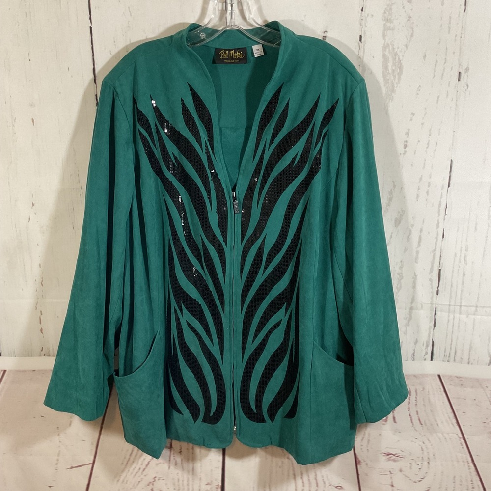 Bob Mackie Wearable Art Jacket Plus Size 3X Teal Green Sequined Flame Zip Front